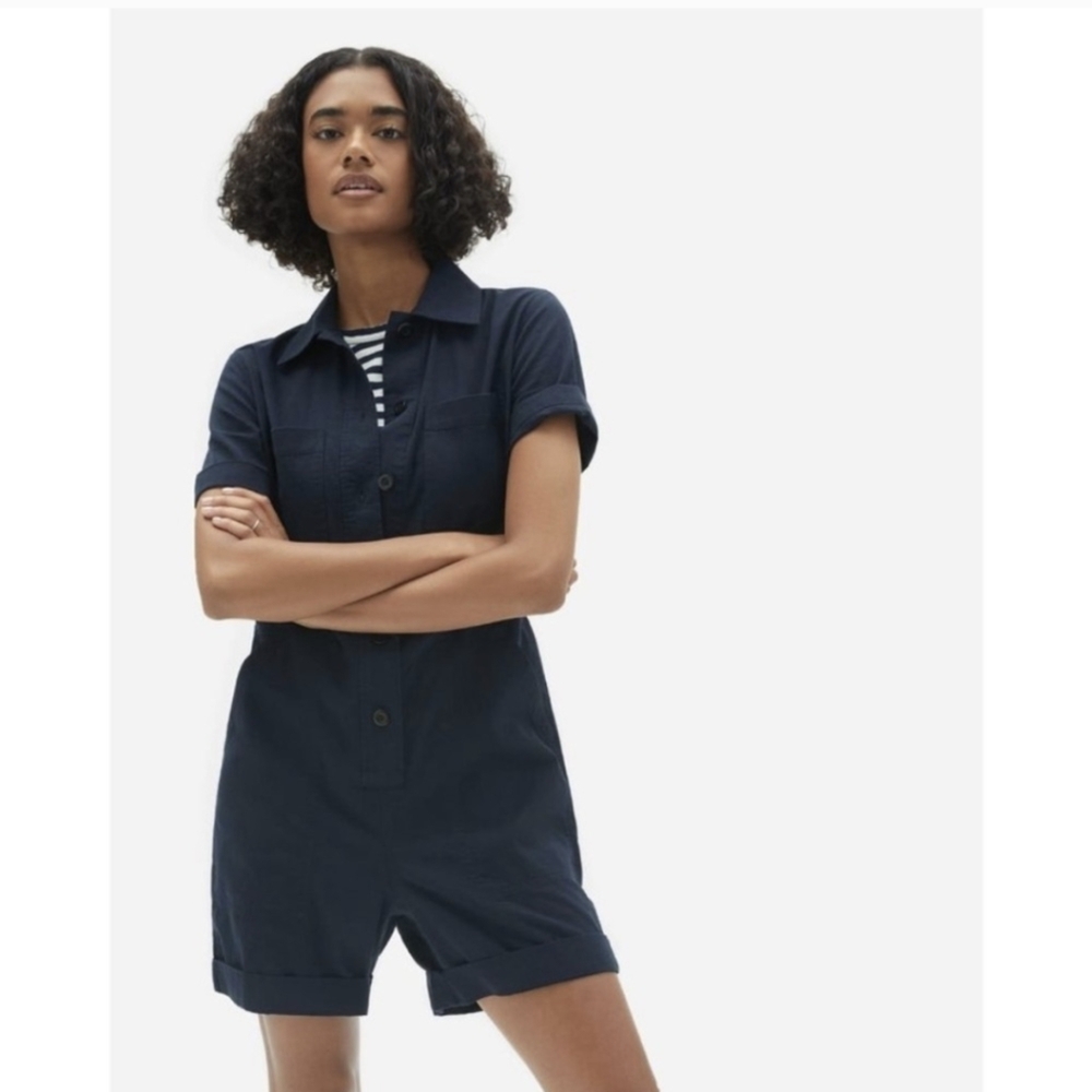 Everlane The Cotton Weave Short Sleeve Romper - Navy Blue - Size 16